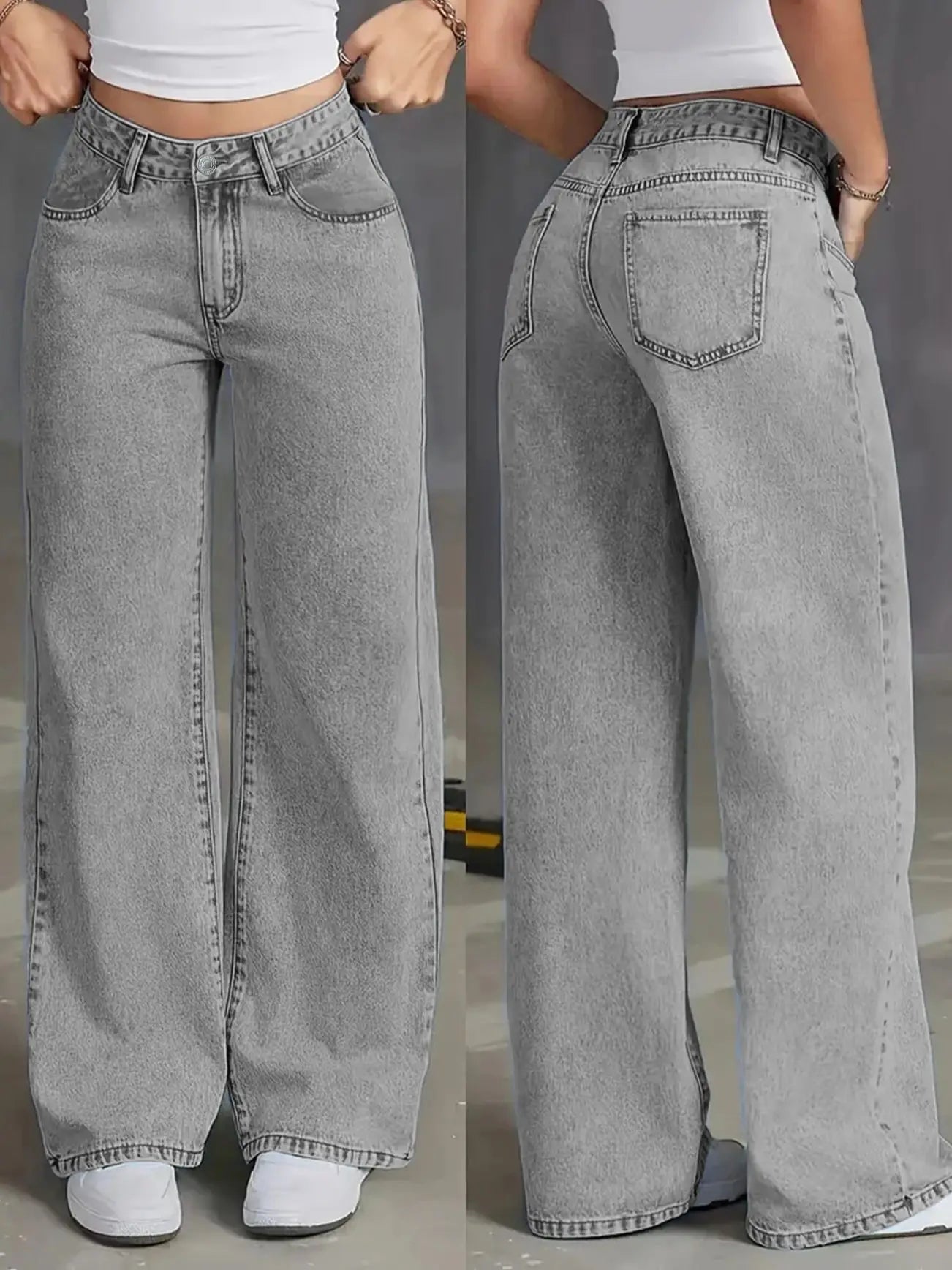 Women's High Waist Light Grey Wide Leg Jeans
