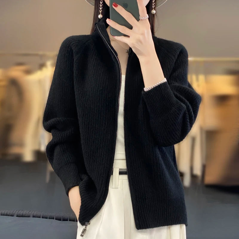 Women's Wool Zip-Up Stand Collar Cardigan