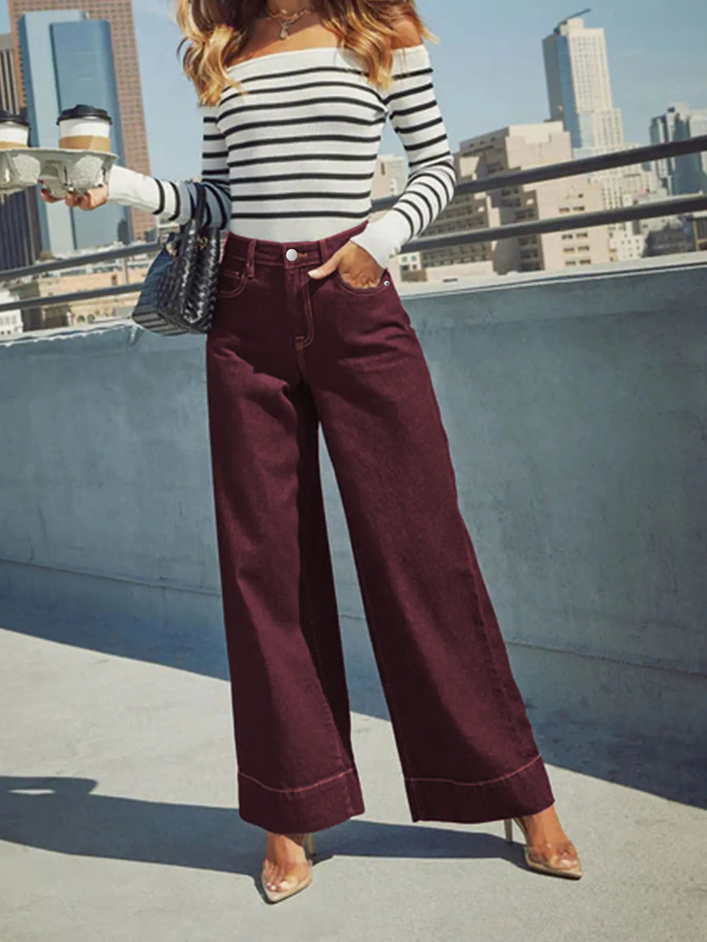 Women's Burgundy High Waist Wide Leg Jeans