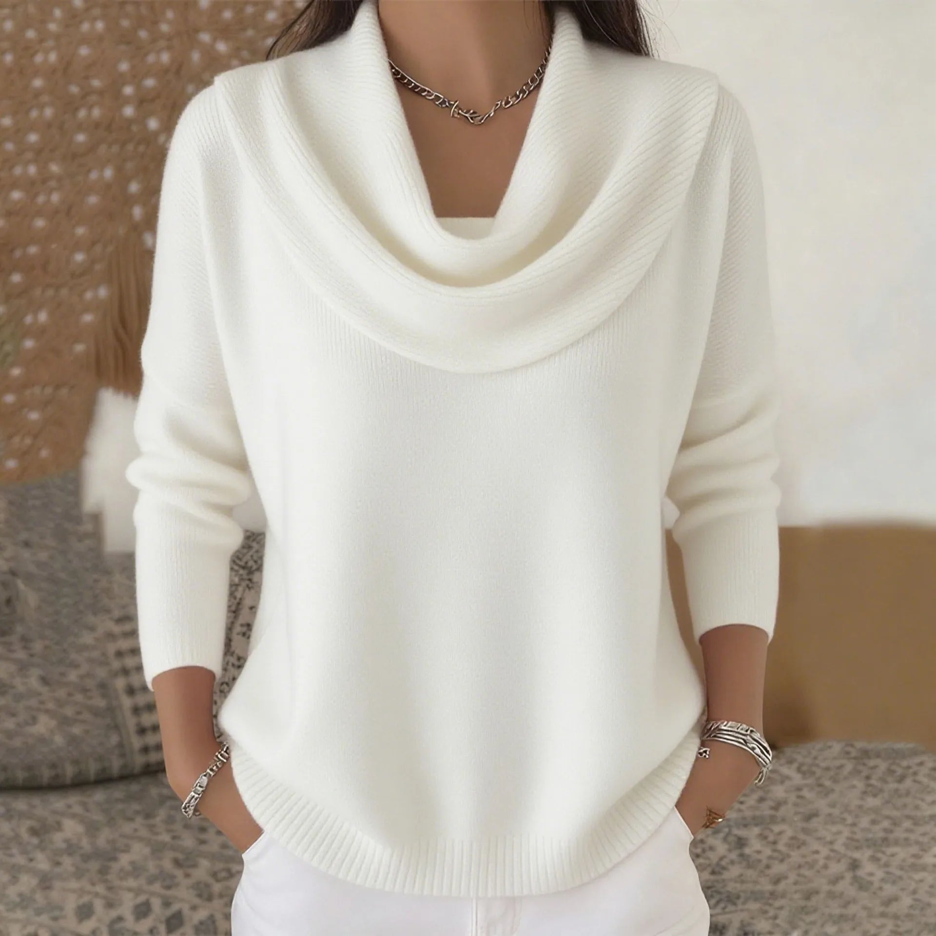 Women's Elegant Draped Neck Knit Sweater