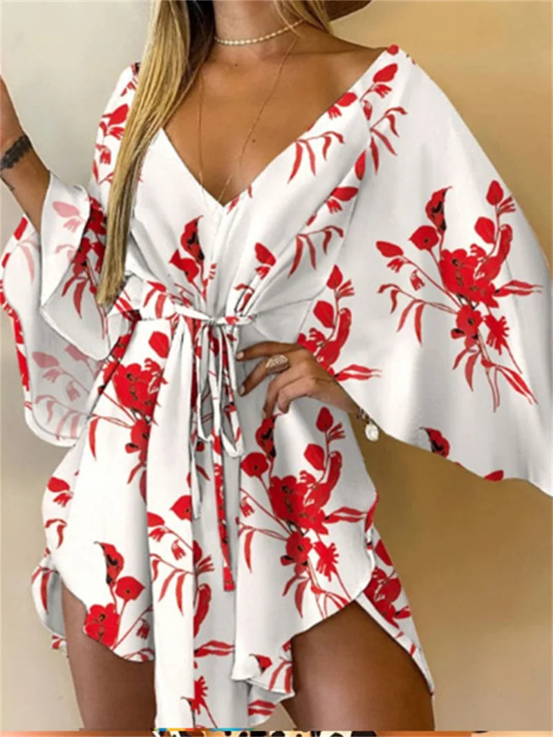 Women's Floral Boho V-Neck Mini Dress