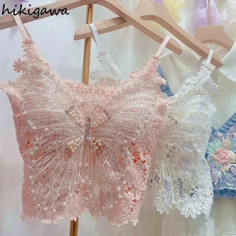 Women's Heavy Beaded Floral Lace Crop Tank Top