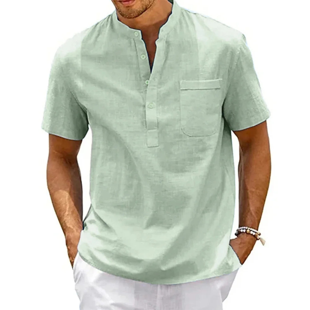 Men's Cotton Linen Henley Pocket Shirt