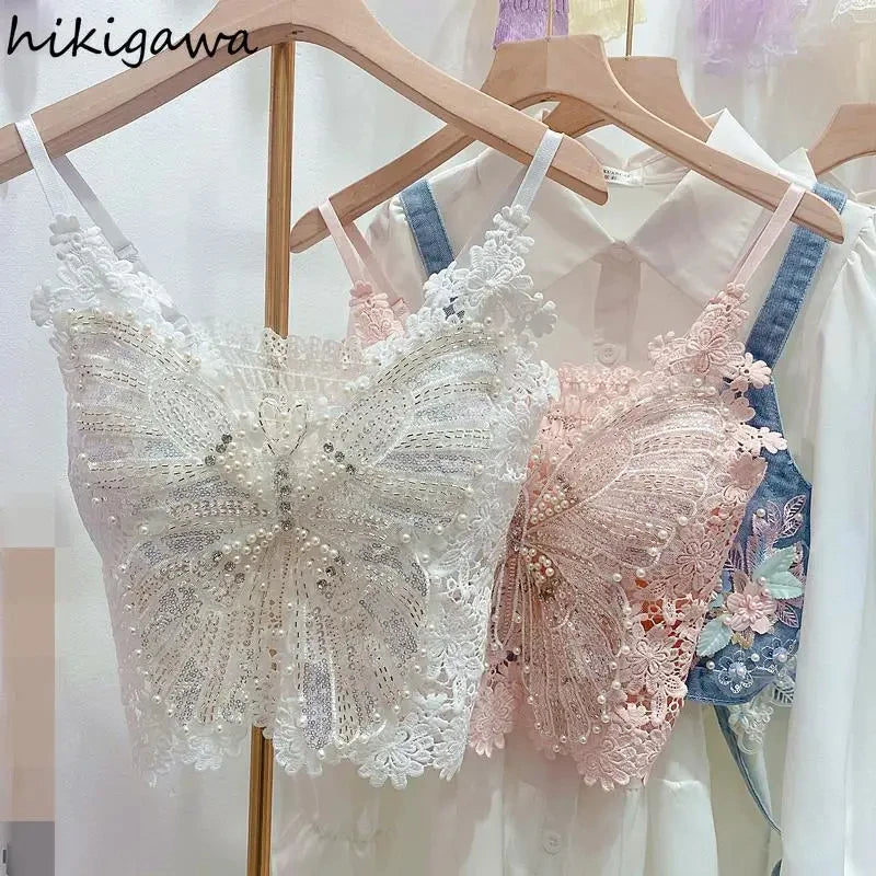 Women's Heavy Beaded Floral Lace Crop Tank Top