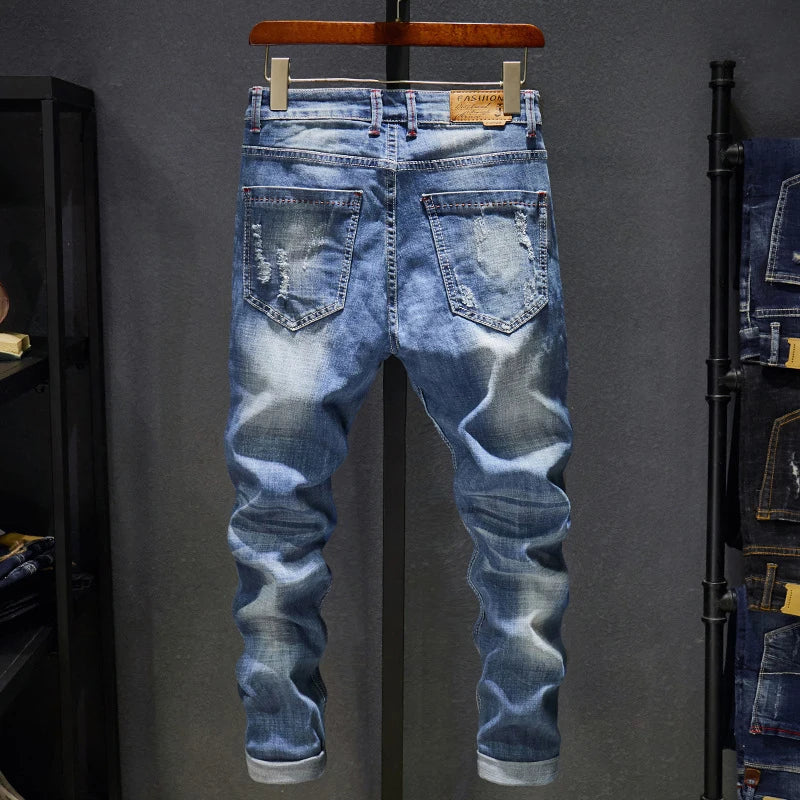 Men’s Slim Fit Light Blue Ripped Stretch Jeans