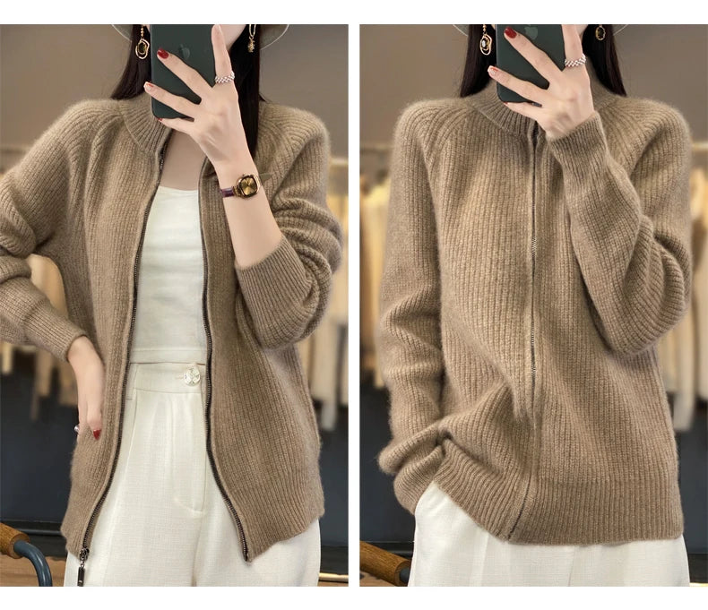 Women's Wool Zip-Up Stand Collar Cardigan