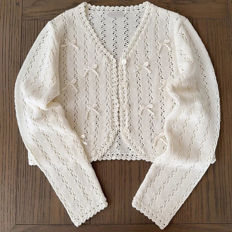 Women's Kawaii Bow Crochet Knit Cardigan