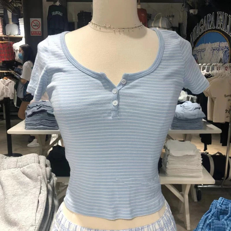 Women's Y2K Striped Button Crop Top