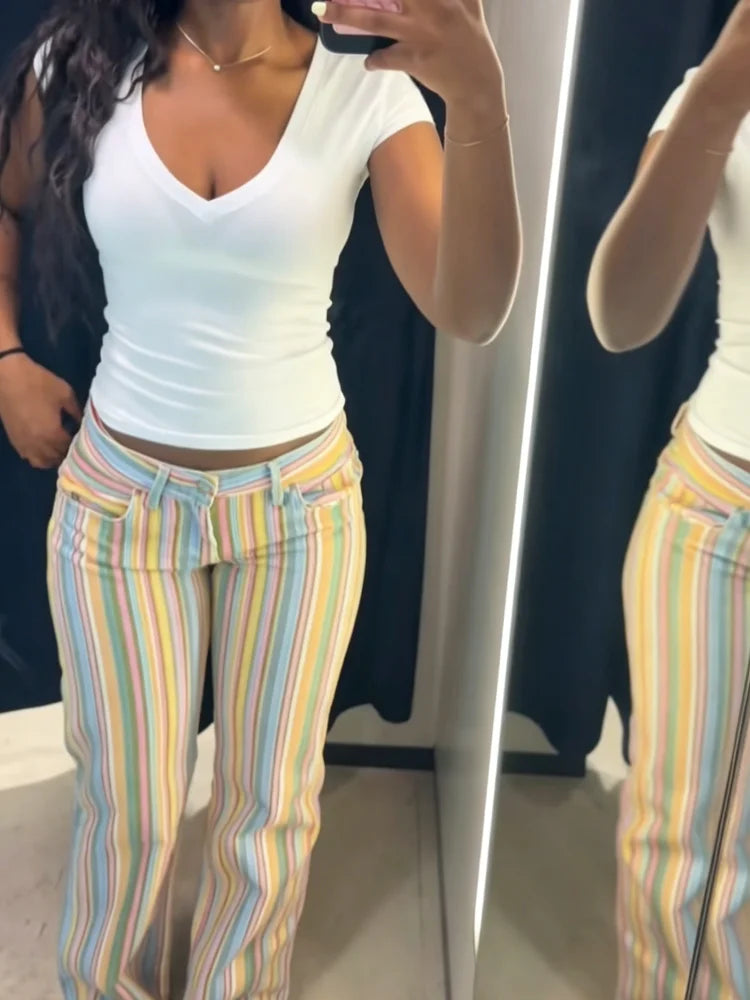 Women's Colorful Striped Low Waist Jeans