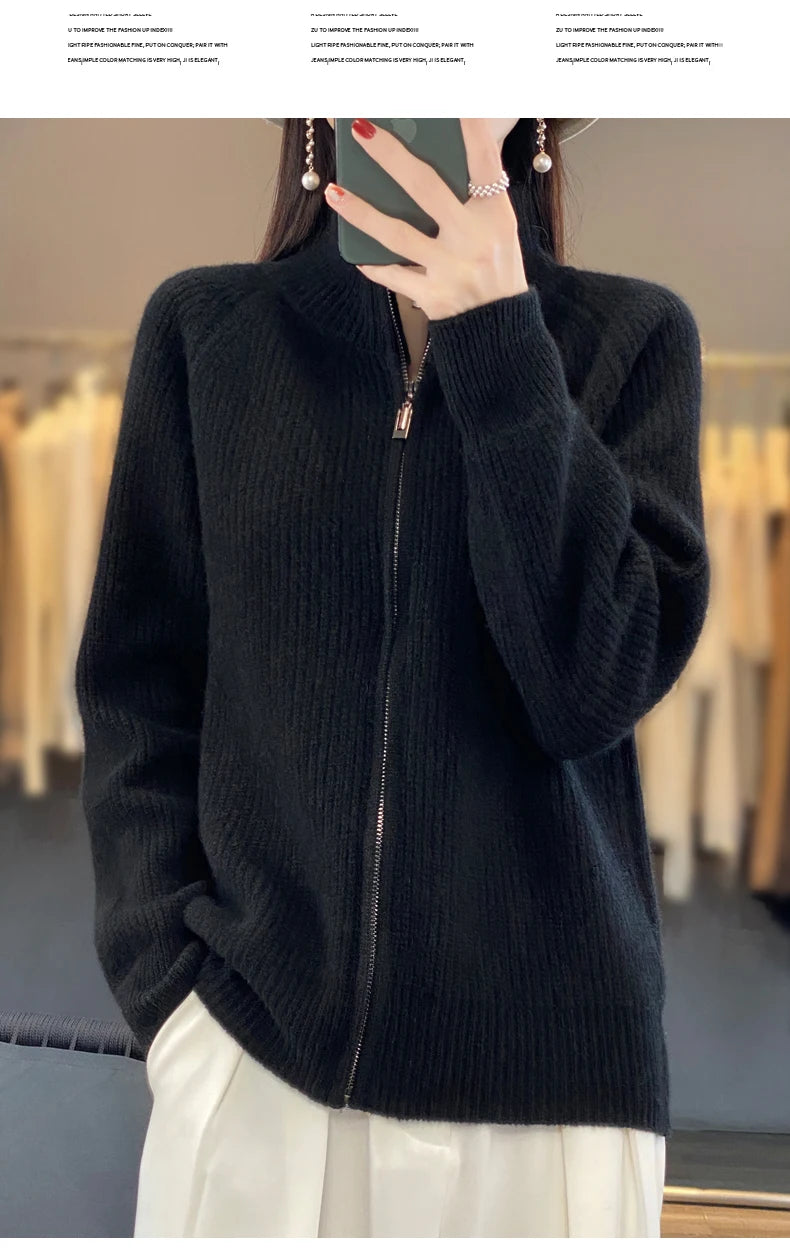 Women's Wool Zip-Up Stand Collar Cardigan
