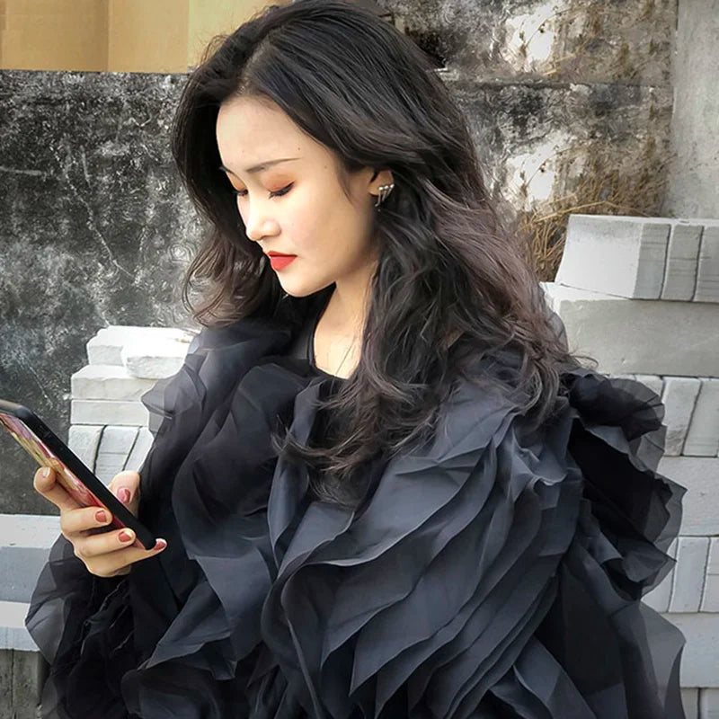 TWOTWINSTYLE Ruffle Chiffon Lantern Sleeve Blouse