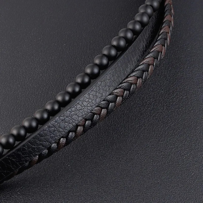 Men's Obsidian Beaded Leather Bracelet