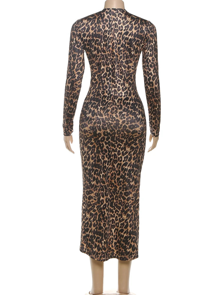 Y2K Leopard Print Deep V Split Dress
