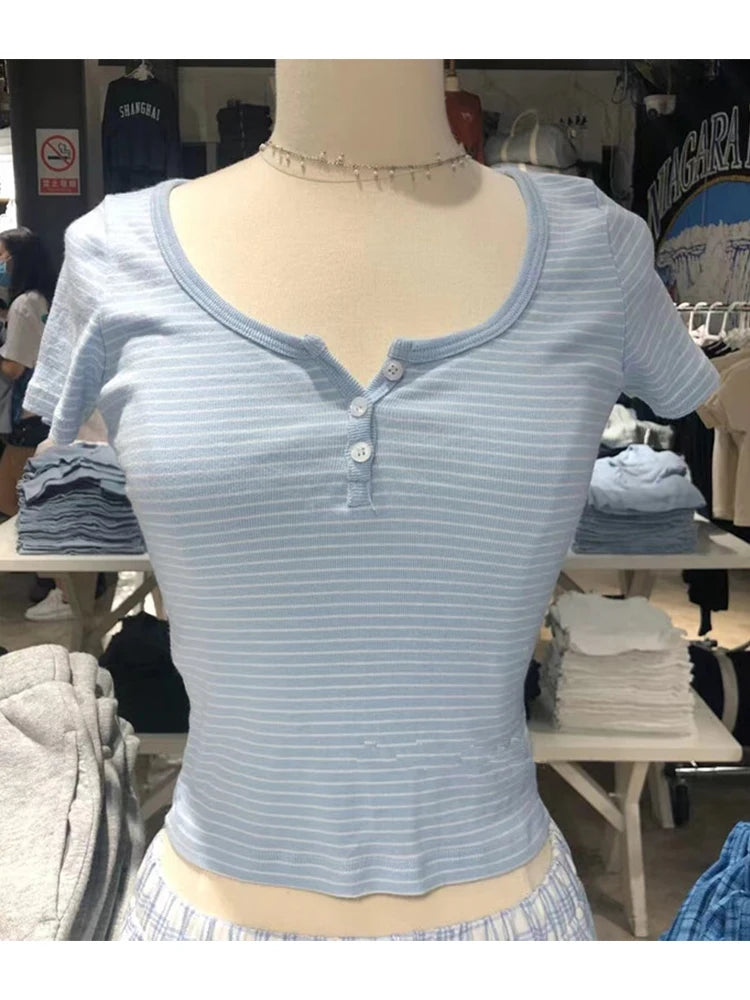 Women's Y2K Striped Button Crop Top