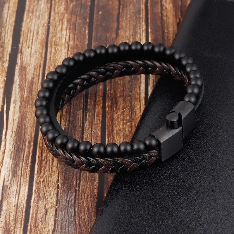 Men's Obsidian Beaded Leather Bracelet