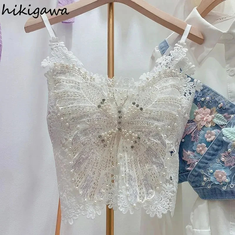 Women's Heavy Beaded Floral Lace Crop Tank Top