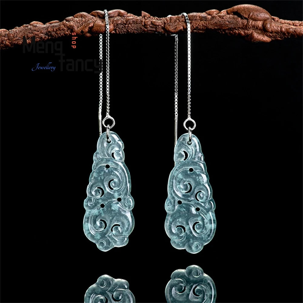 Elegant S925 Silver Natural Ice Jade Drop Earrings