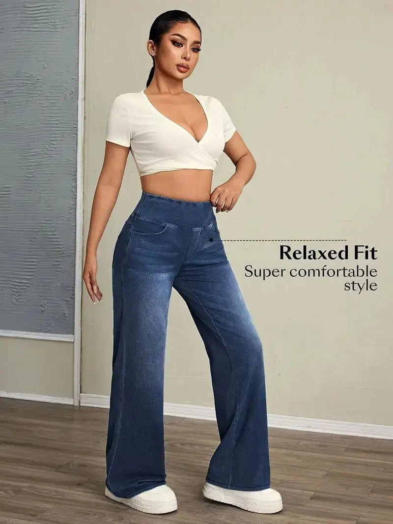 Women's Elastic Waist Loose Straight Leg Jeans