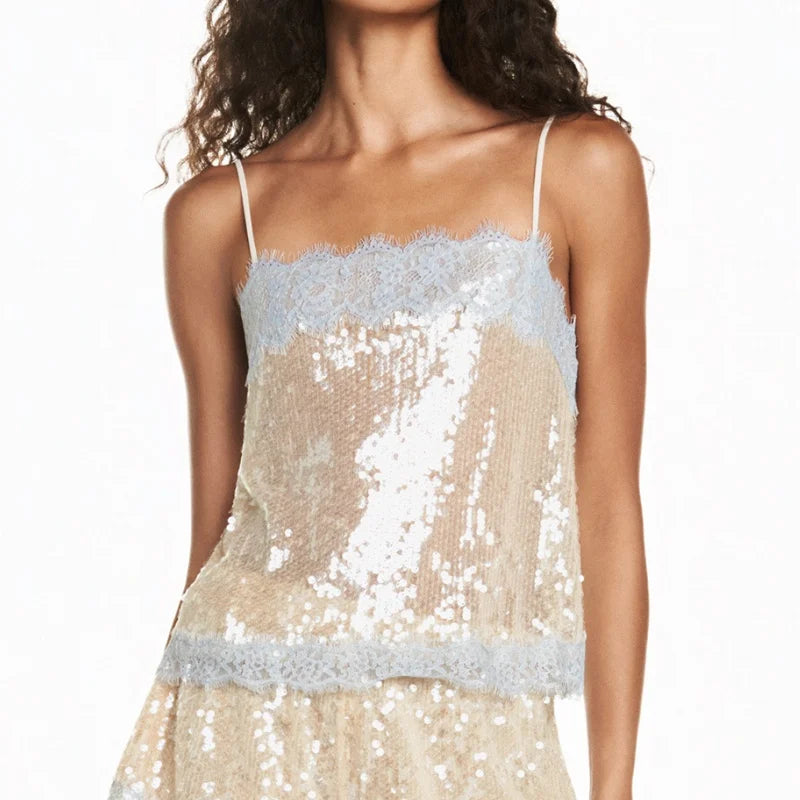 Women's Lace Trim Sequin Tank Top Spaghetti Straps Sparkly Cami Top Scallop Hem Rave Outfits  ﻿