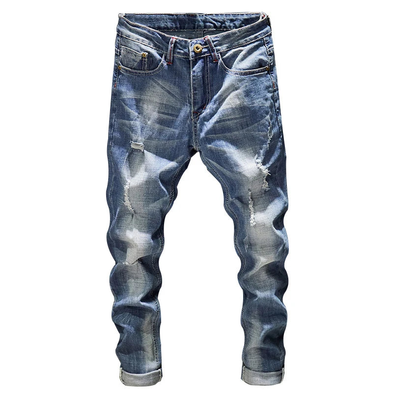 Men’s Slim Fit Light Blue Ripped Stretch Jeans