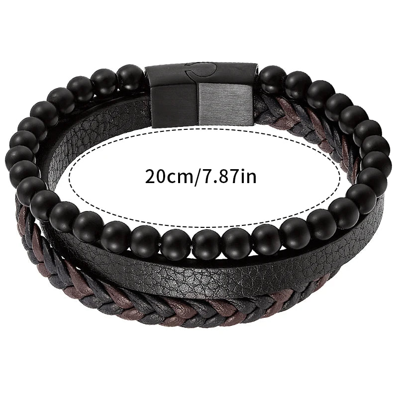 Men's Obsidian Beaded Leather Bracelet