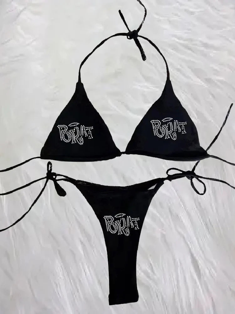 Y2K Punk Rhinestone Lace-Up Bikini