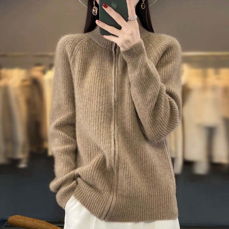 Women's Wool Zip-Up Stand Collar Cardigan