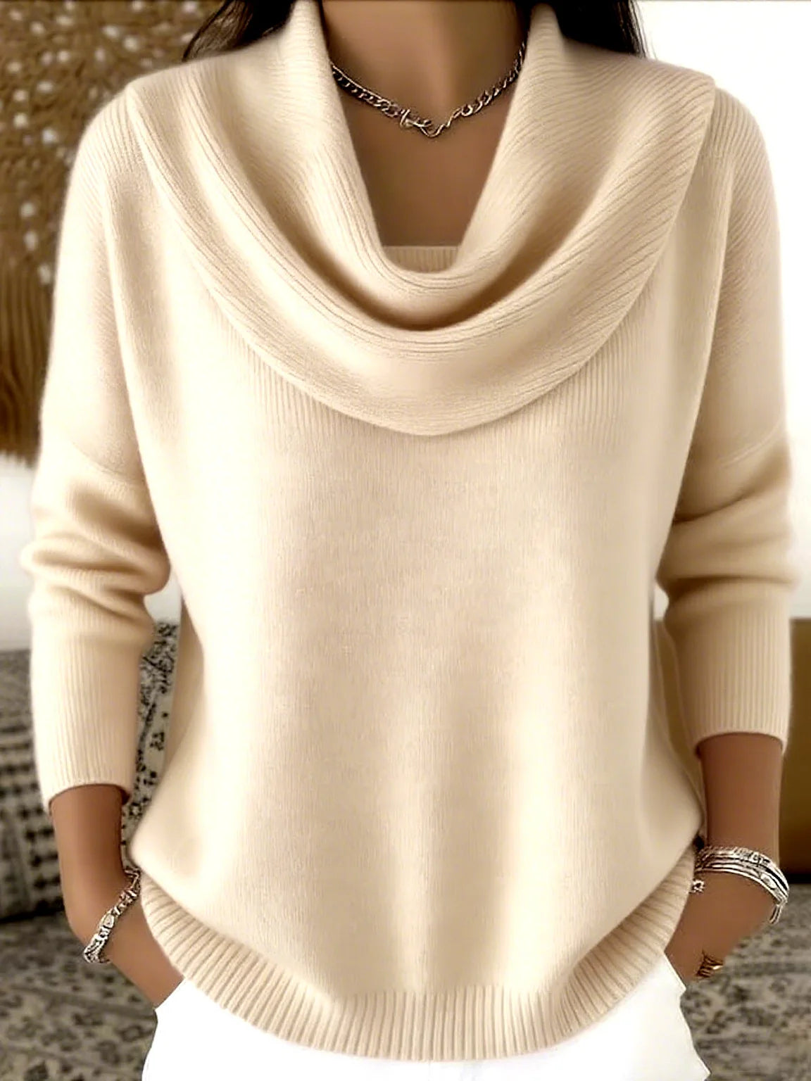 Women's Elegant Draped Neck Knit Sweater