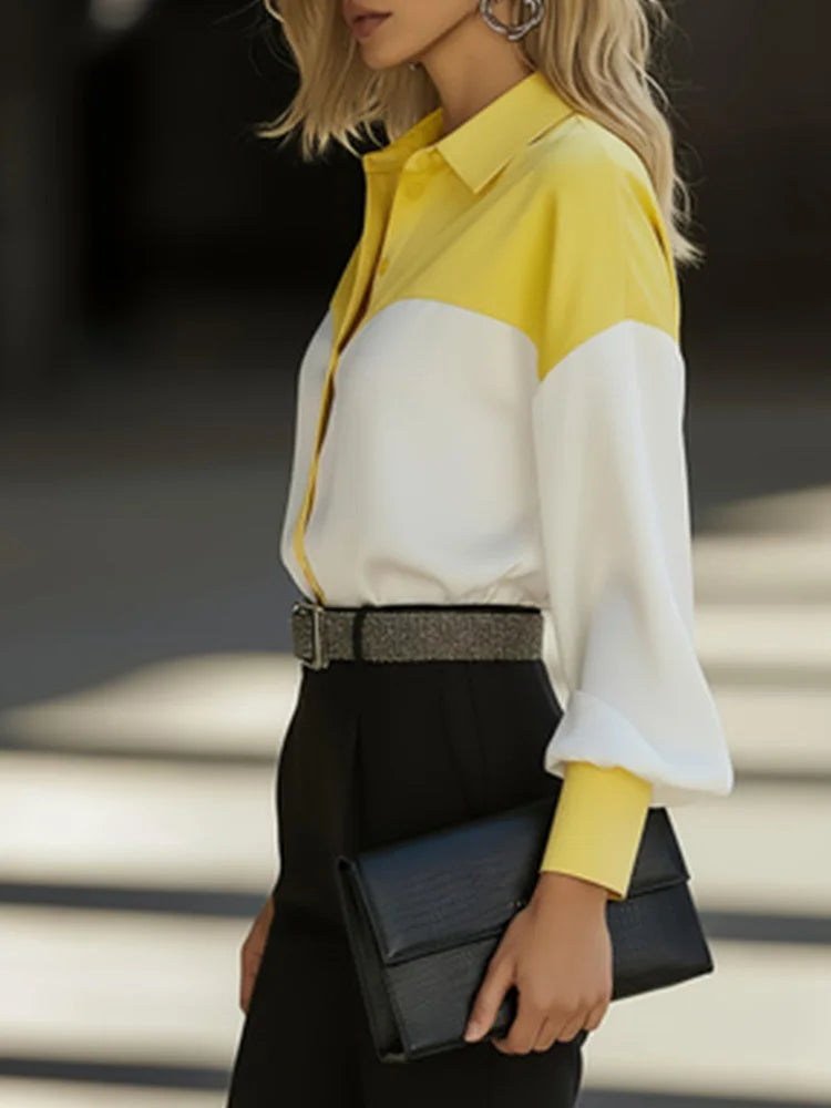 Women's Color Block Button-Up Work Blouse