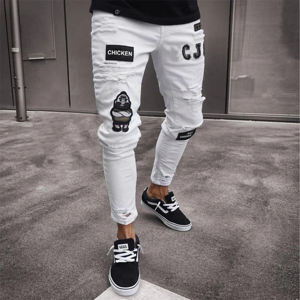 Men's White Embroidered Ripped Slim Fit Jeans