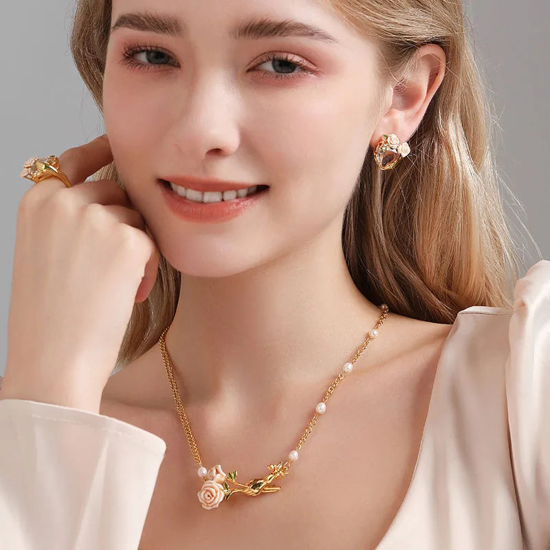 Women's Elegant Enamel Rose Gemstone Jewelry Set