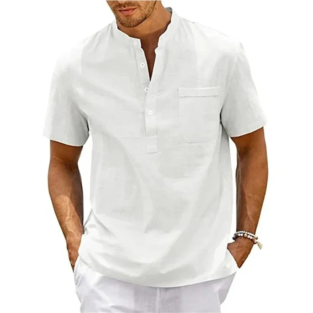 Men's Cotton Linen Henley Pocket Shirt