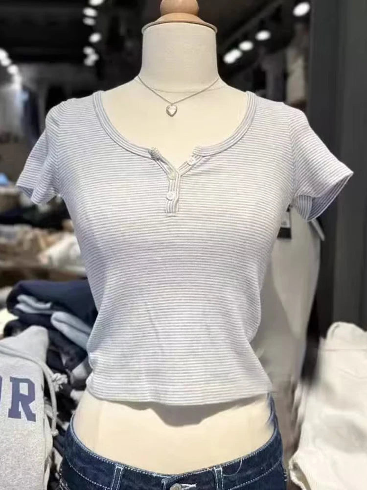 Women's Y2K Striped Button Crop Top