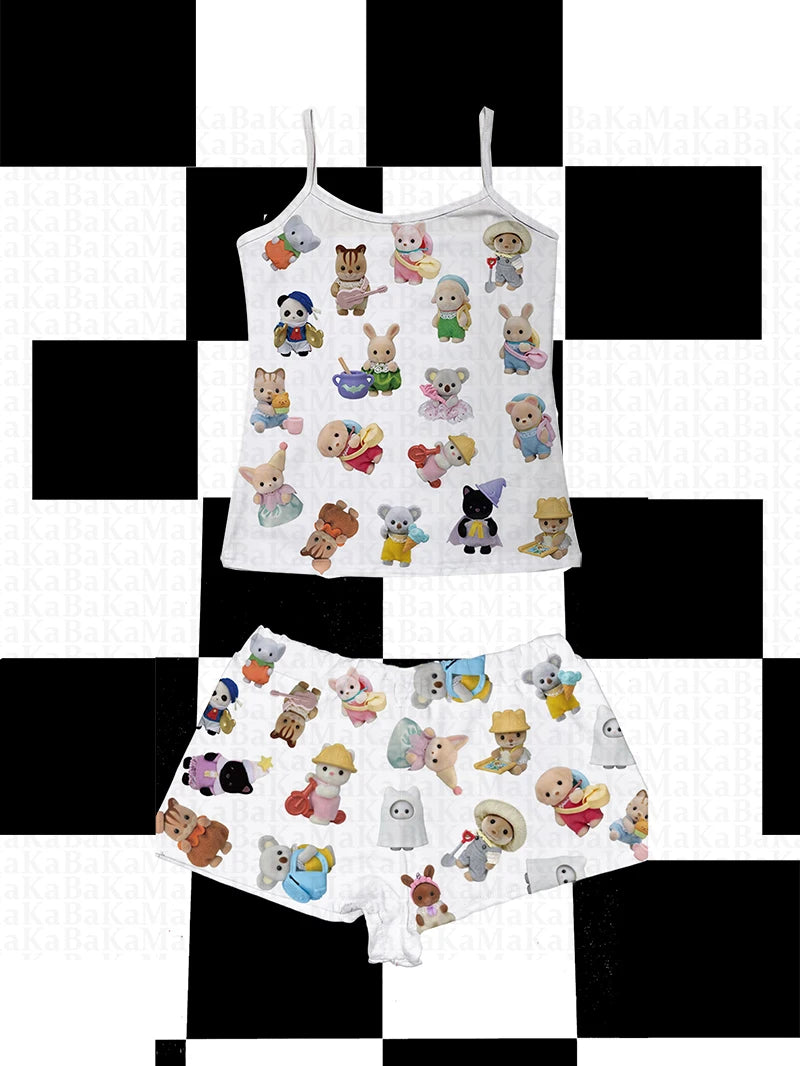 Cartoon Cat Print Mini Shorts