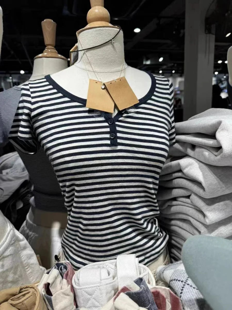 Women's Y2K Striped Button Crop Top