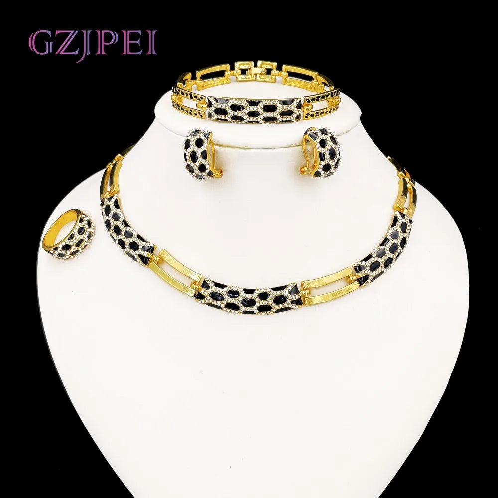 Elegant Black Enamel Jewelry Set with White Zircon – Necklace, Earrings, Bracelet & Ring