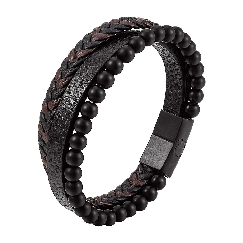 Men's Obsidian Beaded Leather Bracelet