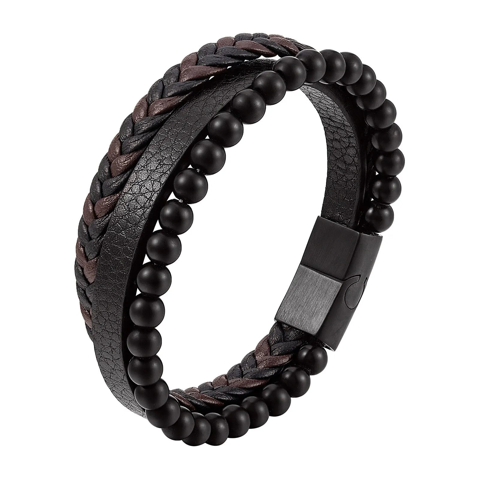 Men's Obsidian Beaded Leather Bracelet