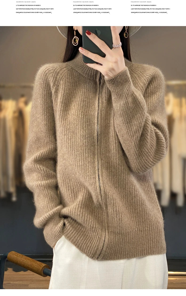 Women's Wool Zip-Up Stand Collar Cardigan