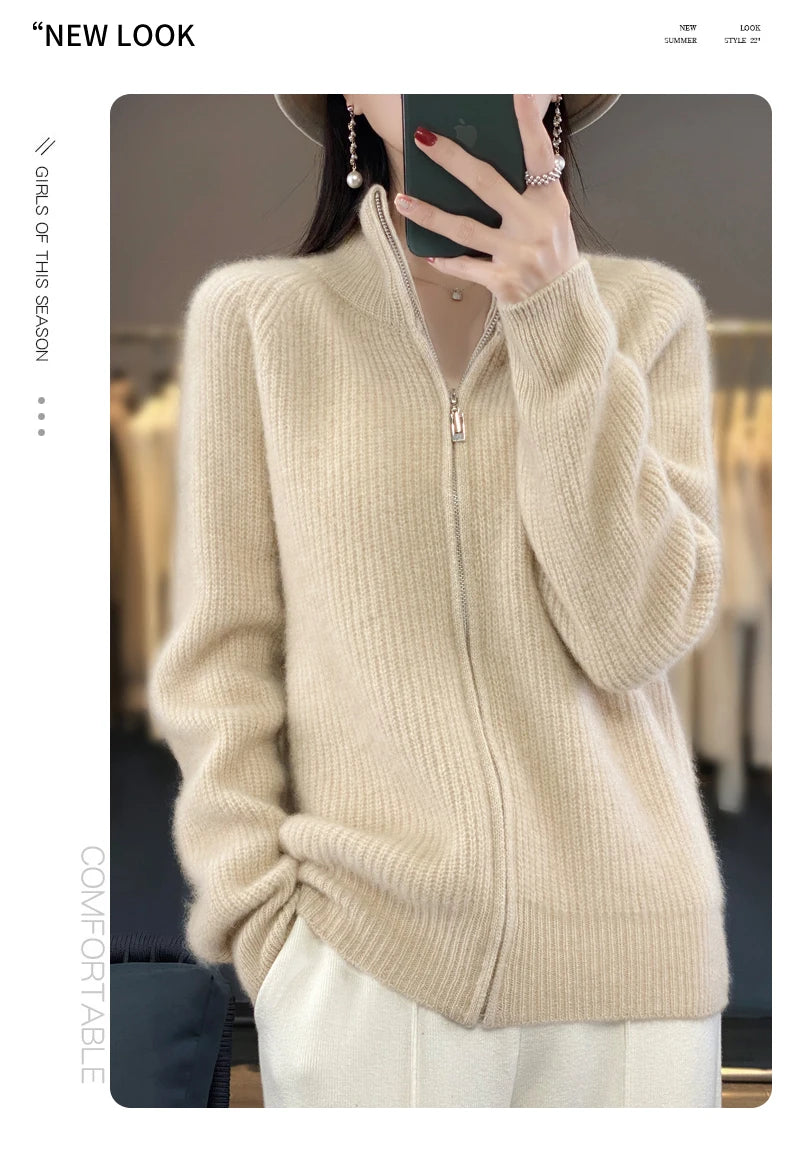 Women's Wool Zip-Up Stand Collar Cardigan