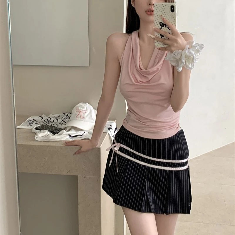 Women's Y2K Backless Halter Swing Collar Crop Top
